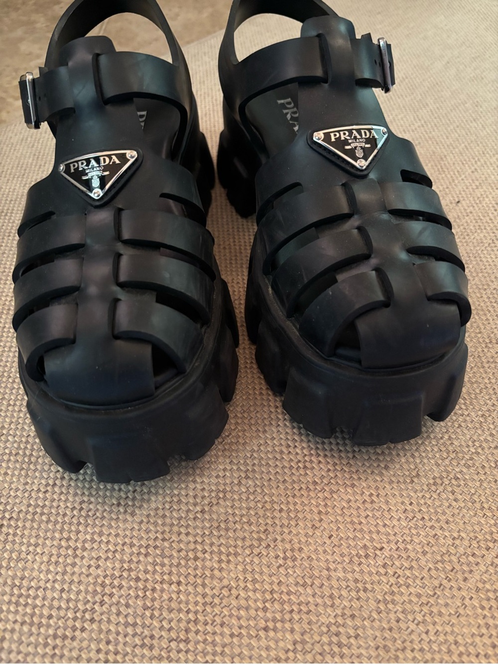 Prada Black Fisherman Sandals with Logo Plaque - Picture 3 of 15